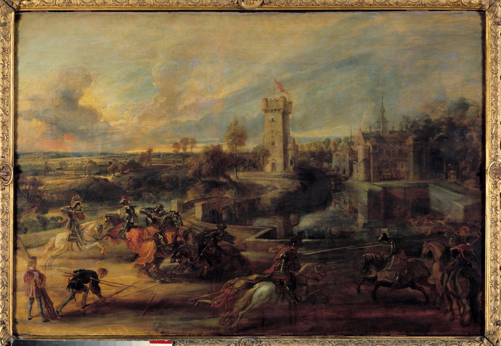 Ein Turnier in der Nähe der Gruben von Schloss Steen (Mittelalter). Flämisches Gemälde von Pierre Paul (Pierre-Paul) Rubens (oder Peter Paul oder Petrus Paulus) (1577-1640) von Peter Paul Rubens