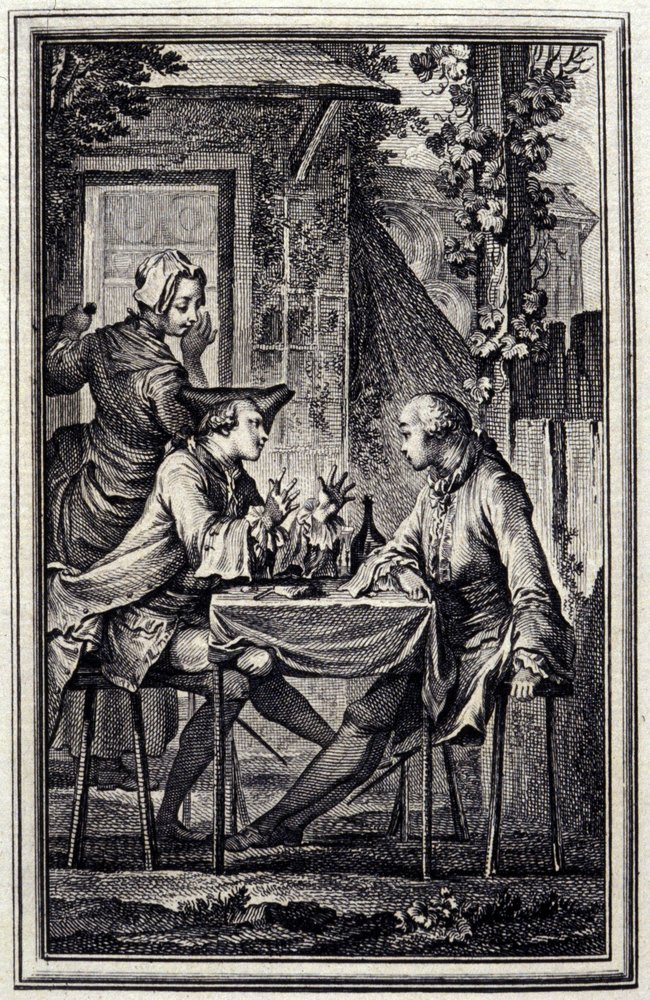 Der Uhrmacher oder der Muschelreparierer. In „Tales et nouvelles en vers“ von Jean de La Fontaine, Amsterdam 1776. illustriert von P.P. Choffard von Pierre Philippe Choffard