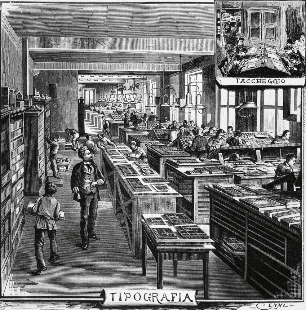 Büros der Gebrüder Treves, Typografie und Überlagerung, Illustration von Quinto Cenni aus L