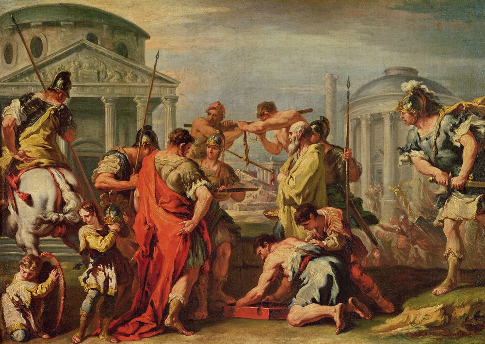 Marcus Furius Camillus (gest. ca. 365 v. Chr.) und Brennus (tätig ca. 389 v. Chr.) von Sebastiano Ricci