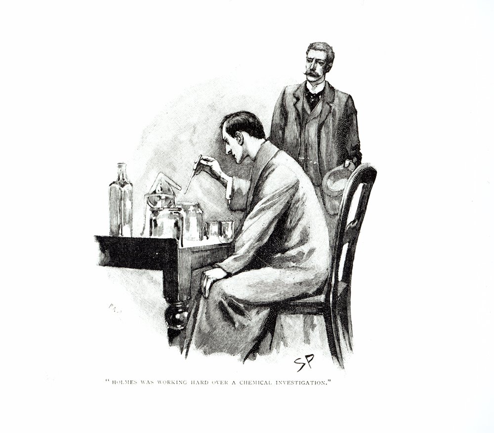 „Holmes arbeitete angestrengt an einer chemischen Untersuchung“, Illustration zu „Der Flottenvertrag“ von Arthur Conan Doyle (1859-1930), veröffentlicht im „Strand Magazine“, Oktober und November 1893 von Sidney Paget