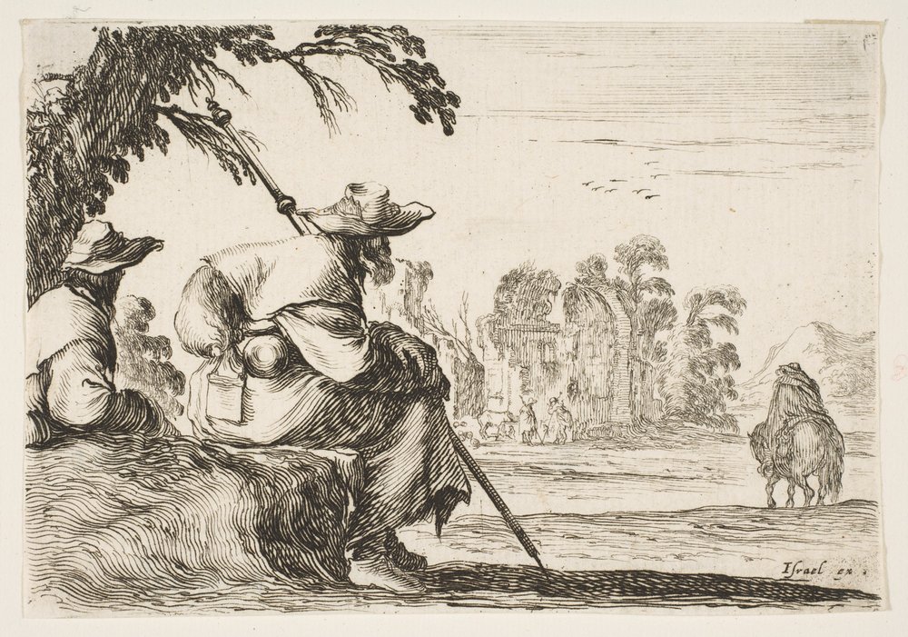 Zwei Pilger mit Hüten ruhen sich links aus, ein Reiter reitet nach vorne (1642) von Stefano della Bella