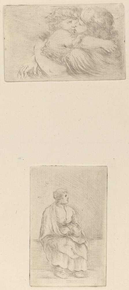 Zwei umarmende Kinder (obere Hälfte); Sitzender Geistlicher (untere Hälfte) von Stefano della Bella