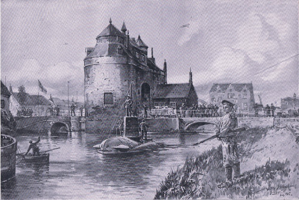Ein sicherer Hafen in Brügge, aus Die illustrierte Geschichte des Weltkriegs 1914-1915, veröffentlicht von Union Berlagsefellfchaft von Willy Stoewer