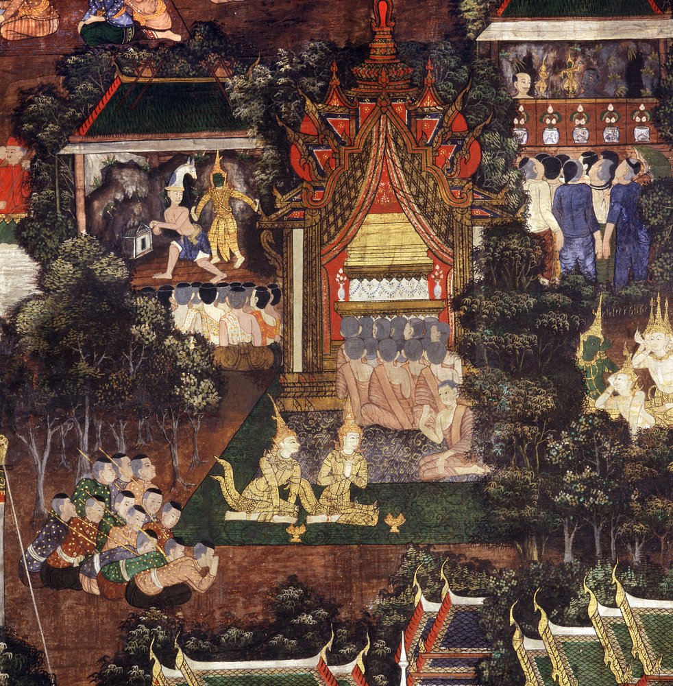 Menge beobachtet Theater- und Puppenaufführungen anlässlich der Beerdigung des Buddha, Detail aus dem Tod des Buddha von Thai School