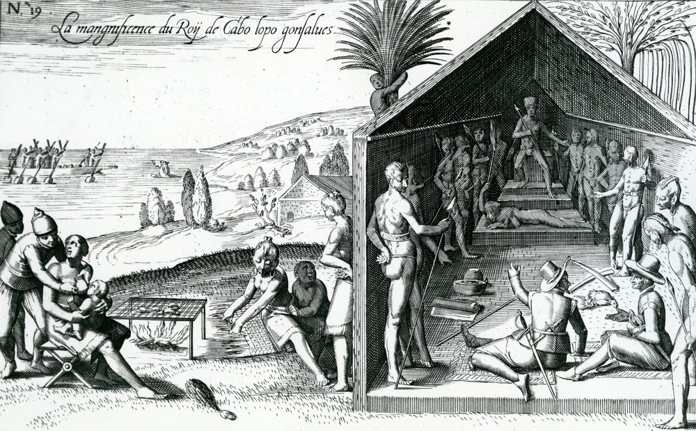 Der König empfängt europäische Besucher, Kap Lopez, Gabun, Afrika, 16. Jahrhundert von Theodore de Bry