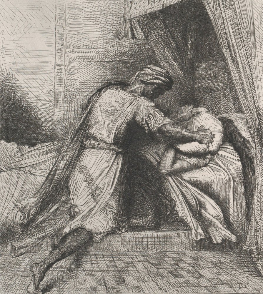 Er erstickt sie: Platte 13 aus Othello Akt 5, Szene 2, geätzt 1844, nachgedruckt 1900 von Théodore Chassériau