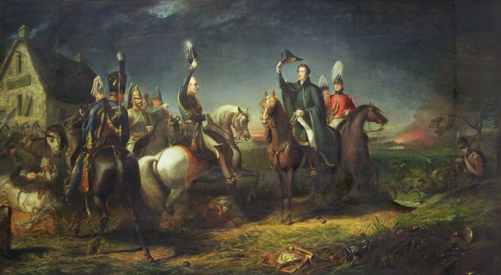 Das Treffen des Herzogs von Wellington und Feldmarschalls Blücher am Abend des Sieges von Waterloo bei La Belle Alliance von Thomas Jones