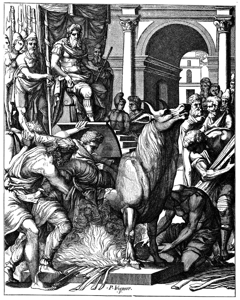 Stier des Phalaris, Tyrann von Agrigent, Sizilien, um 570 v. Chr., 16. Jahrhundert von Unbekannt