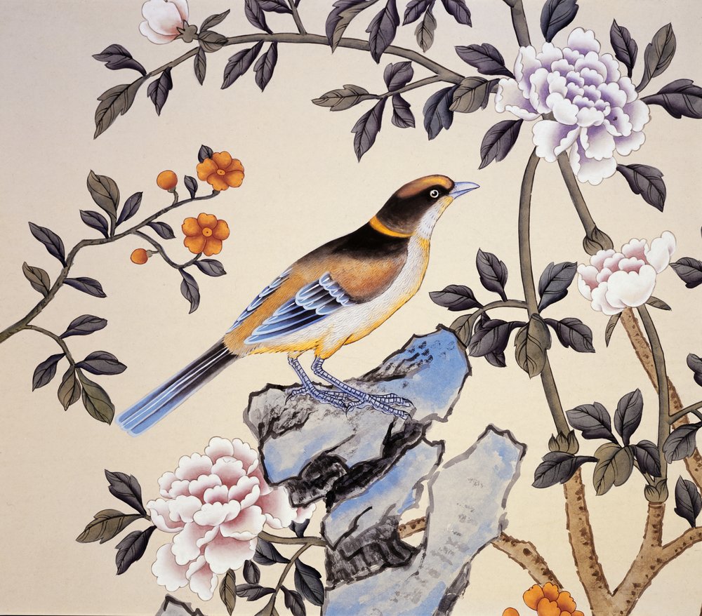 Chinoiserie-Tapete, Marble Hill House, Twickenham, Richmond, Middlesex, UK von Unbekannter Künstler