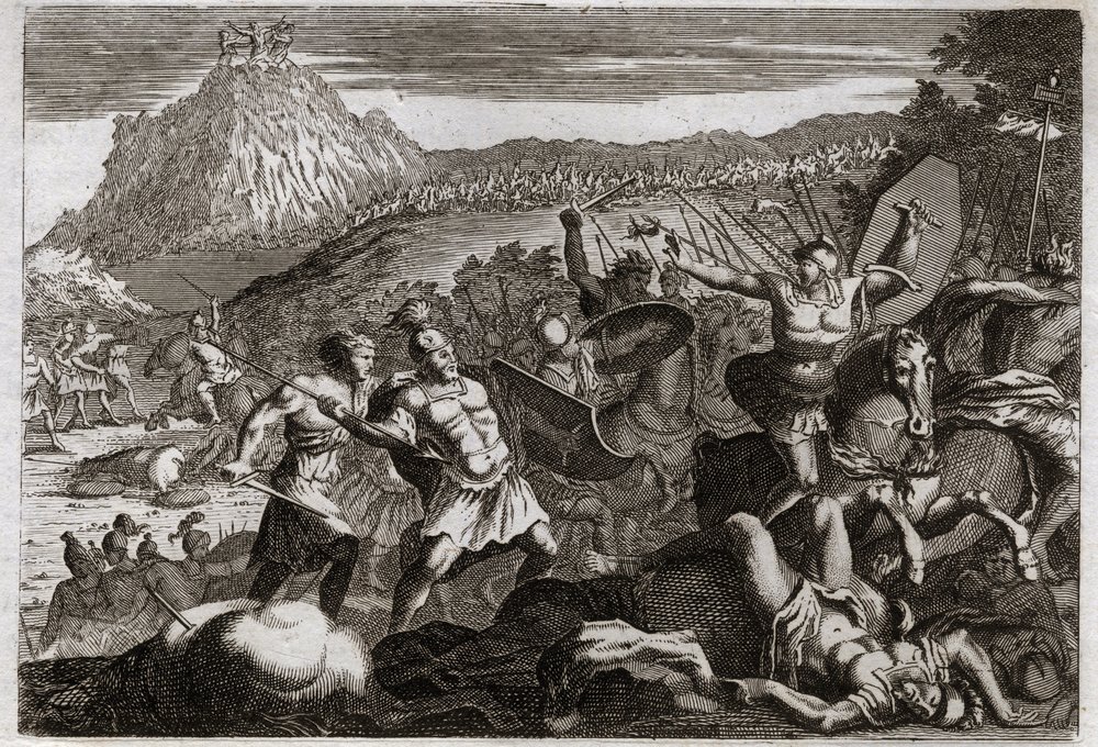 Royaumont-Bibel, Altes Testament: Niederlage von Amalek. Moses erlangte den Sieg über die Amalekiter, indem er seine Hände zum Himmel erhob. Illustration von 1811. von Unknown artist