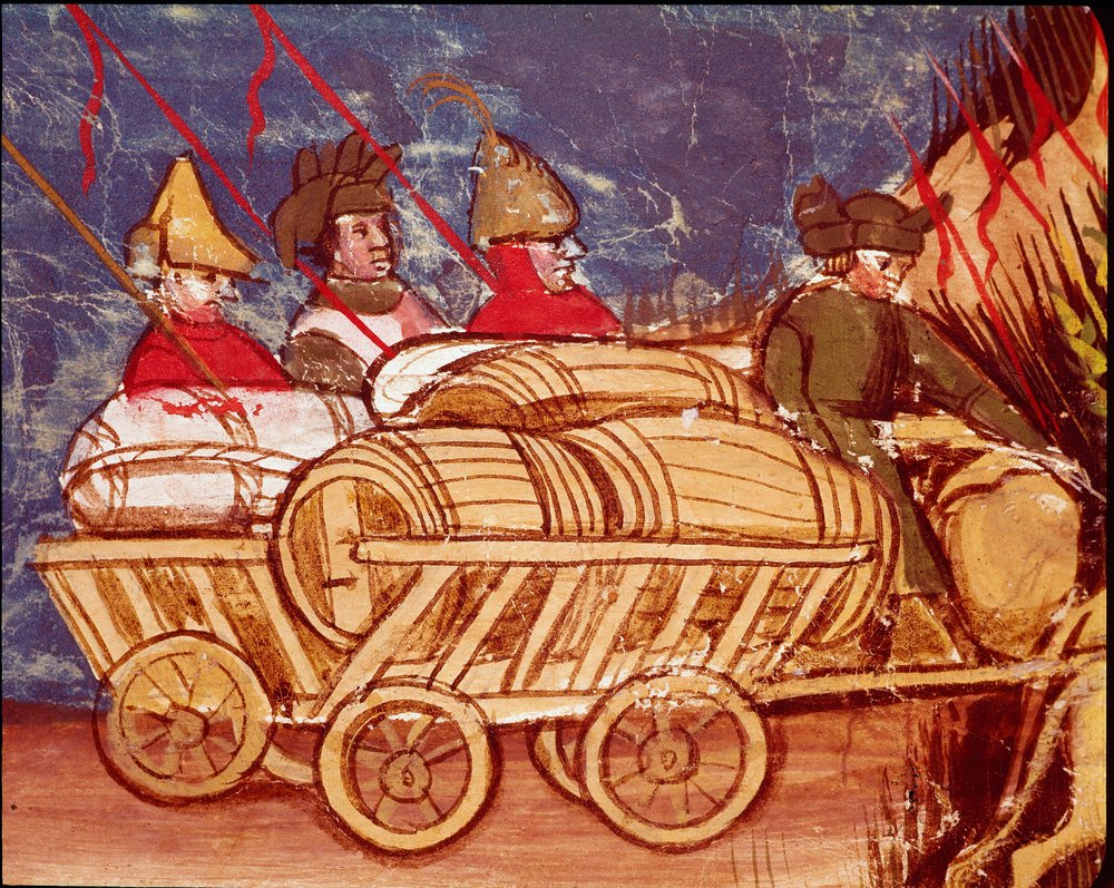Transport von Fässern und Lebensmitteln auf Wagen von Unknown artist