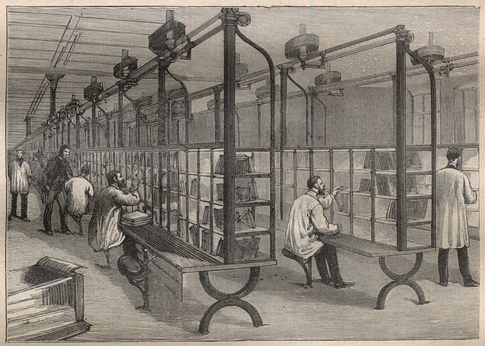Die Briefpost: das Sortieren der Briefe im Hôtel des Postes in Paris - Gravur in „La Science française“ von Unknown artist