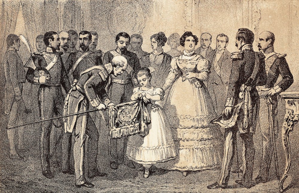 Die zukünftige Königin von Spanien Isabella II. (Isabella von Bourbon) (1830-1904) dekoriert die Fahne der Speere der Garde des Ordens von San Fernando. Lithographie. von Unknown artist