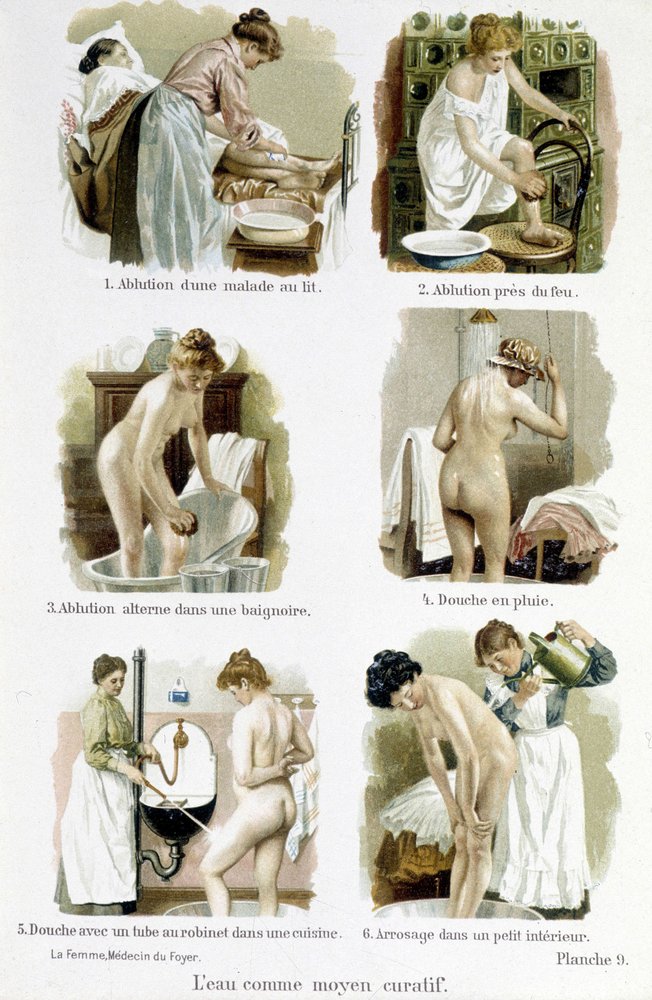 Die Frau, Hausärztin: Wasser als Heilmittel. 1. Waschung einer kranken Person im Bett, 2. Waschung durch Feuer, 3. Wechselbäder in einer Badewanne, 4. Regendusche, 5. Dusche mit einem Wasserhahnrohr einer Küche, 6. Bewässerung in einem kleinen Innenraum -  von Unknown artist