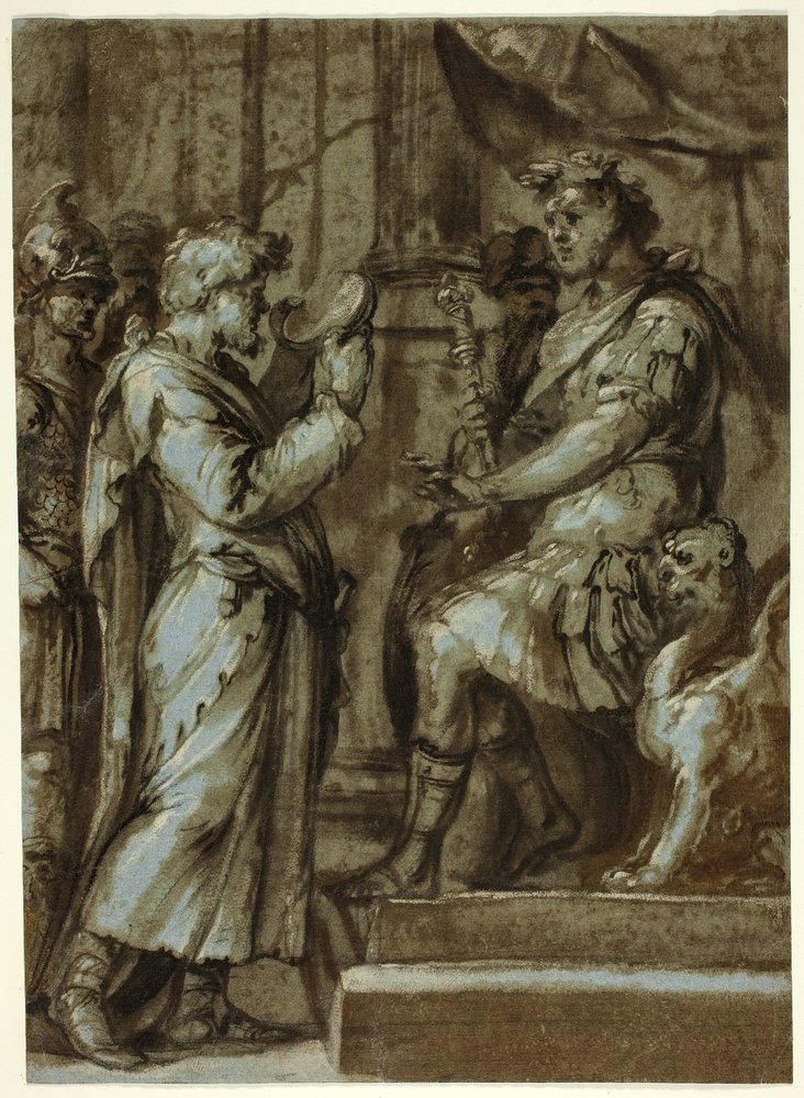 Magier macht eine Vorhersage für einen Kaiser (recto); Männlicher Akt, der eine Last trägt (verso) von Unknown Italian