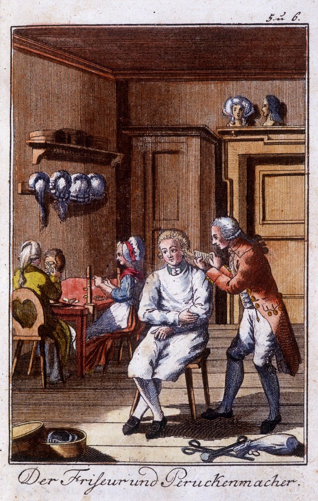 Handwerk: Friseur und Perückenmacher in ihrer Werkstatt. In „Umfassende Beschreibung der Künste und Handwerke und Werkstätten für junge Leute“ von Johan Peter Vue. Hrsg. Nürnberg, Weigel und Schneider von Unknown artist