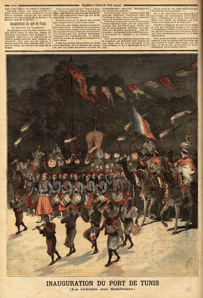 Einweihung des Hafens von Tunis, in Anwesenheit der französischen Minister Raymond Poincare (1860-1934) und Eugene Guerin (1849-1929). Gravur in „Le petit journal“ 10/06/1893. Sammlung Selva von Unknown artist