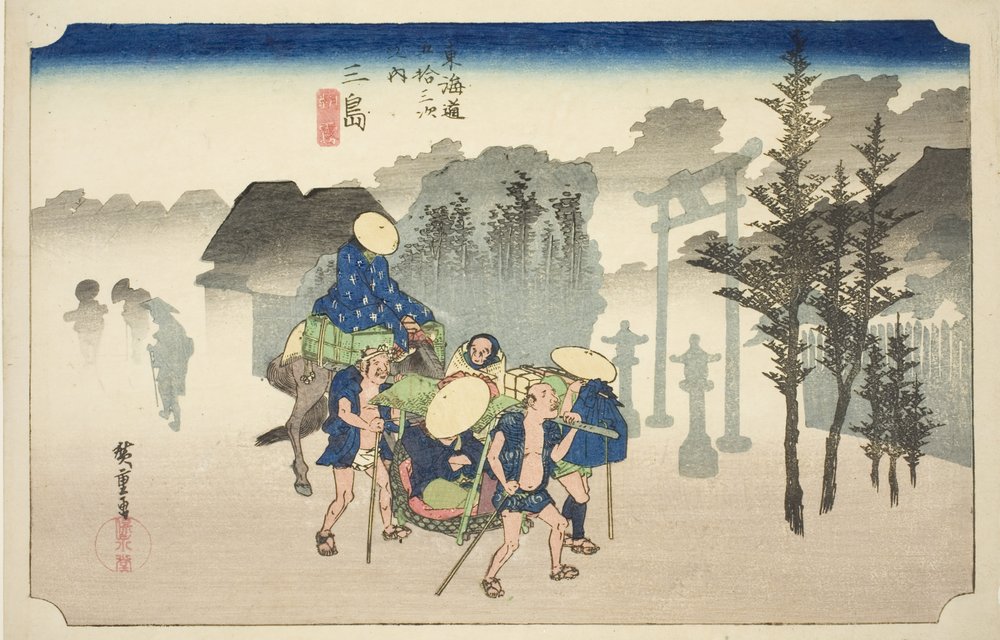 Mishima: Morgennebel (Mishima, asagiri), aus der Serie "Dreiundfünfzig Stationen der Tokaido-Straße (Tokaido gojusan tsugi no uchi)," auch bekannt als die Hoeido Tokaido von Utagawa Hiroshige