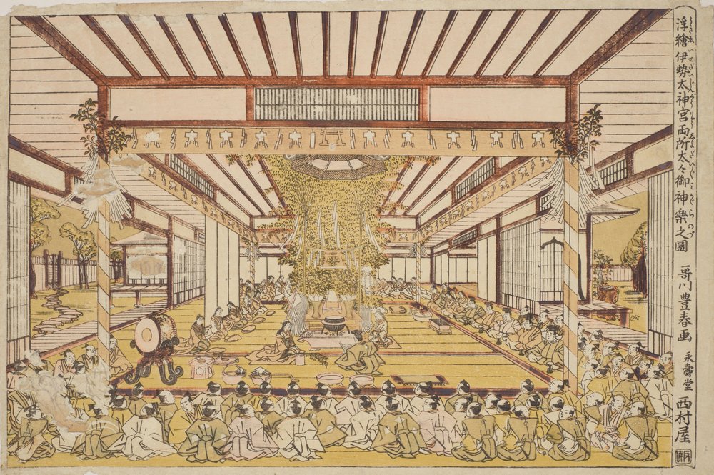 Perspektivische Ansicht des seit Generationen aufgeführten heiligen Kagura an beiden Heiligtümern des Großen Schreins von Ise von Utagawa Toyoharu