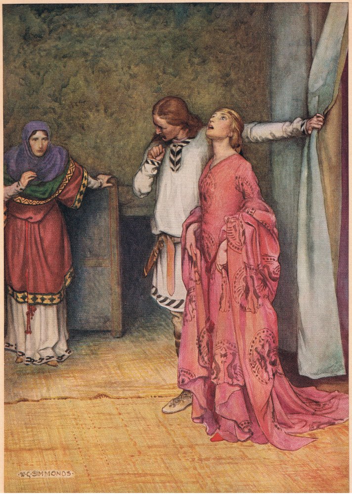 Ophelias Wahnsinn, aus „Hamlet“ von William Shakespeare, 1915 von Hodder und Stoughton veröffentlichte Ausgabe von W. G. Simmonds