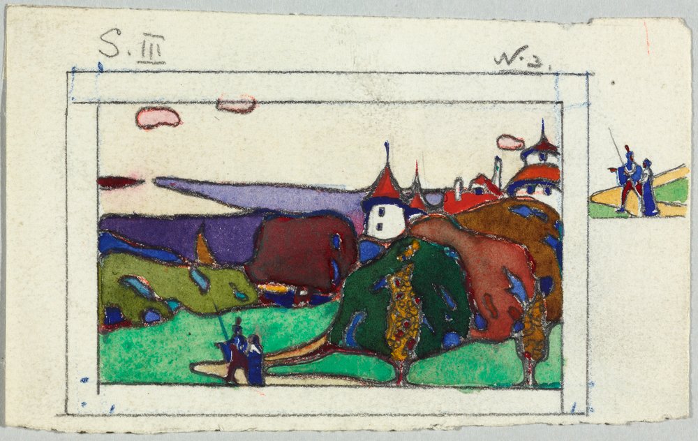 Landschaft mit Paar in mittelalterlicher Tracht, verso: Fragment eines geharnischten Ritters von Wassily Kandinsky