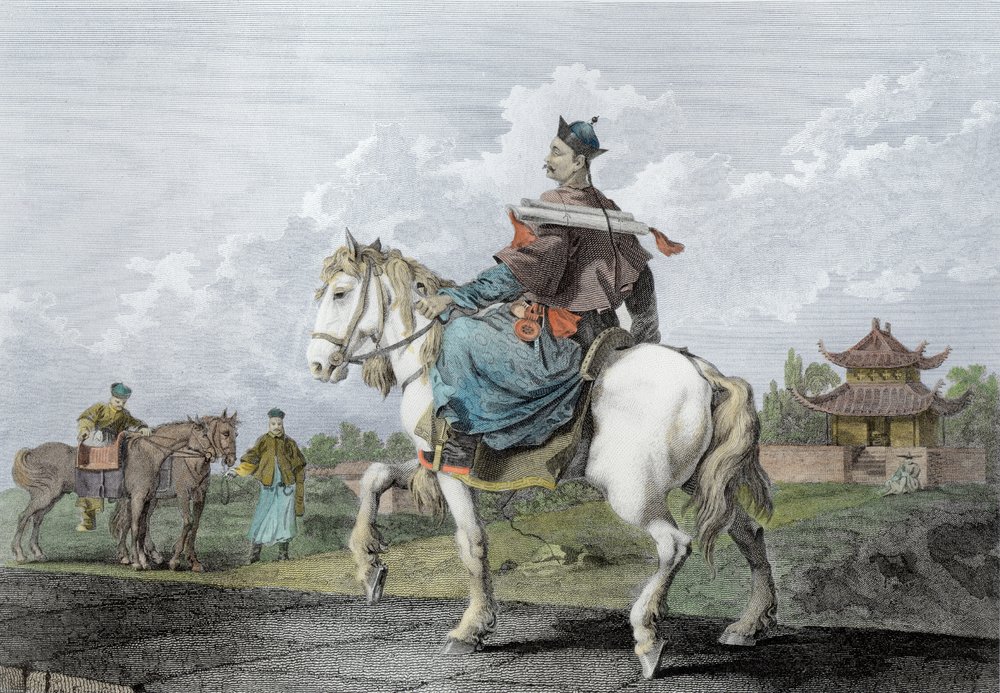 Ein Quan oder Mandarin, der einen Brief des Kaisers von China überbringt, graviert von Wilson, veröffentlicht von G. Nicol, 1796 (spätere Kolorierung) von William Alexander