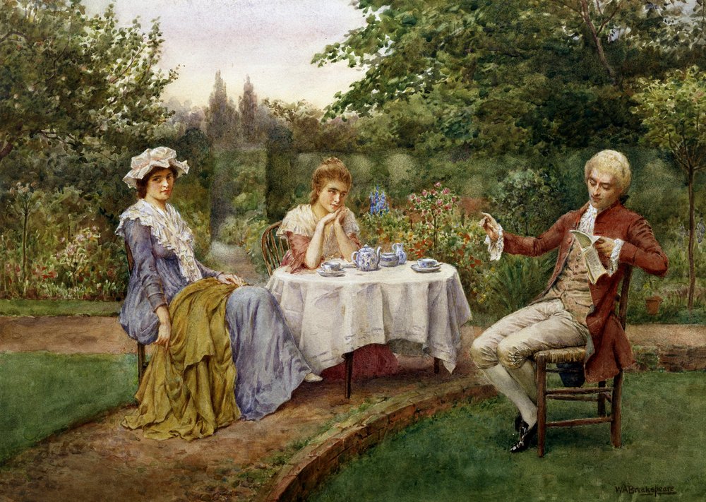 Lesen im Garten. Ein Mann liest zwei träumenden Frauen ein Gedicht vor. Gemälde von William A. Breakspeare von William A. Breakspeare