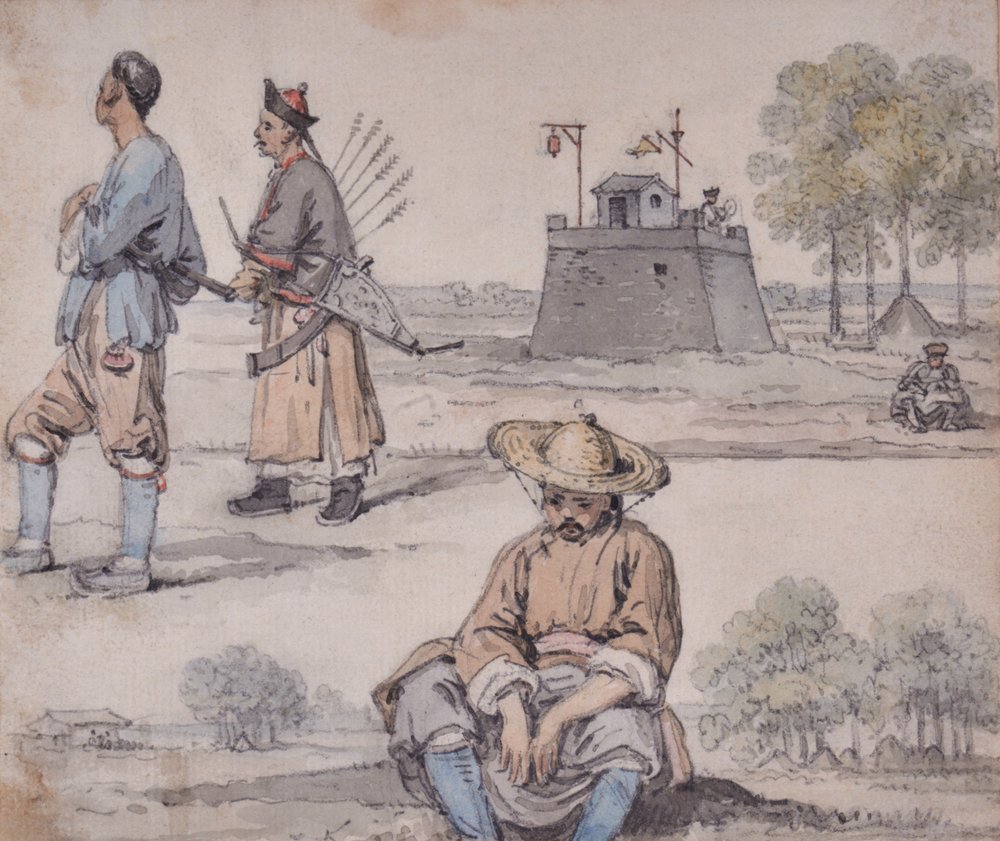 Chinesische Figuren (eine davon ein Bogenschütze) von William Alexander