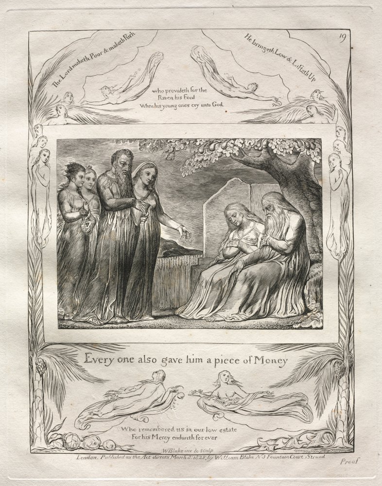 Das Buch Hiob: Pl. 19, Jeder gab ihm auch ein Stück Geld von William Blake