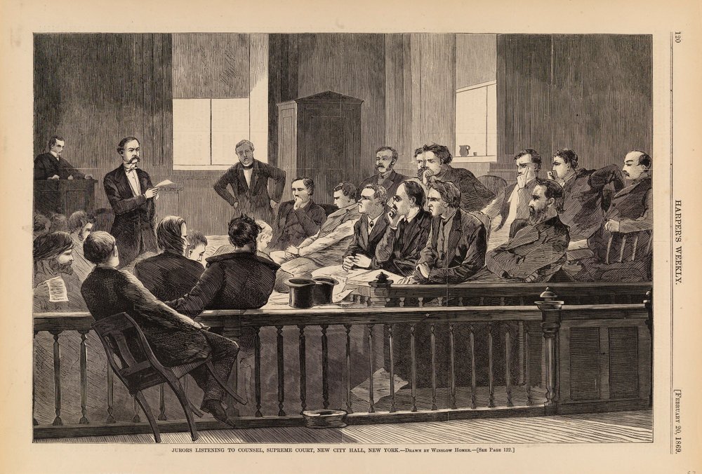 Geschworene hören dem Anwalt zu, Oberster Gerichtshof, Neues Rathaus, New York, aus Harper