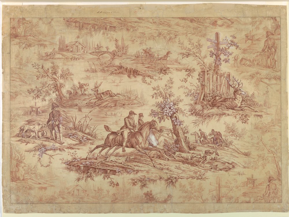 Entwurf für bedruckten Baumwollstoff, La Route de Jouy von after Horace Vernet