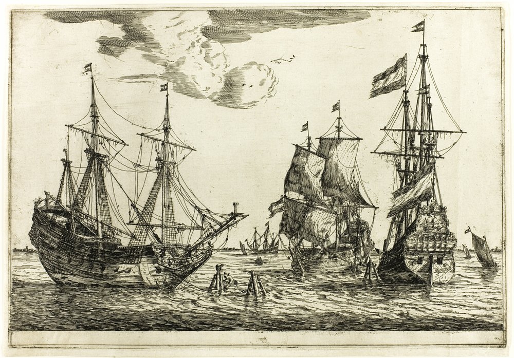 Drei vertäute Segelschiffe, aus Dreizehn Marineszenen von called Zeeman Reinier Nooms