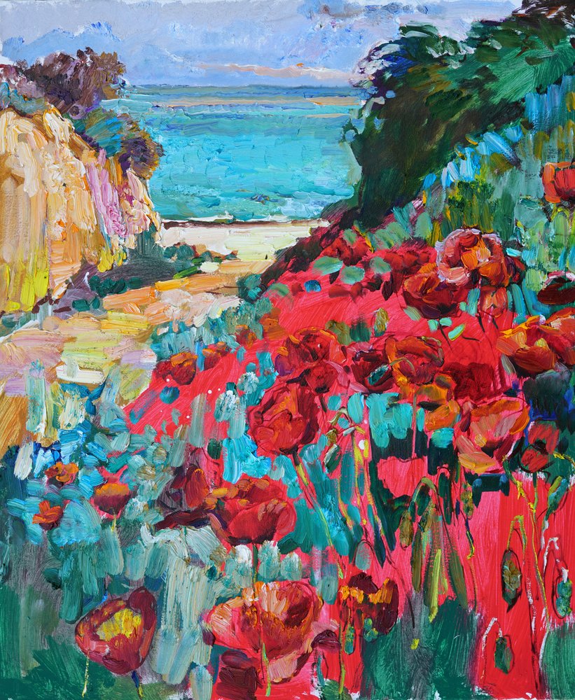 Rote Mohnblumen Küstenblick von Andrii Kutsachenko