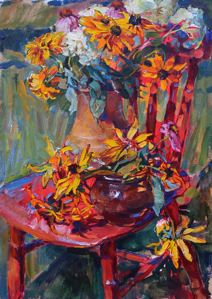 Gelbe Blüten Roter Stuhl von Andrii Kutsachenko