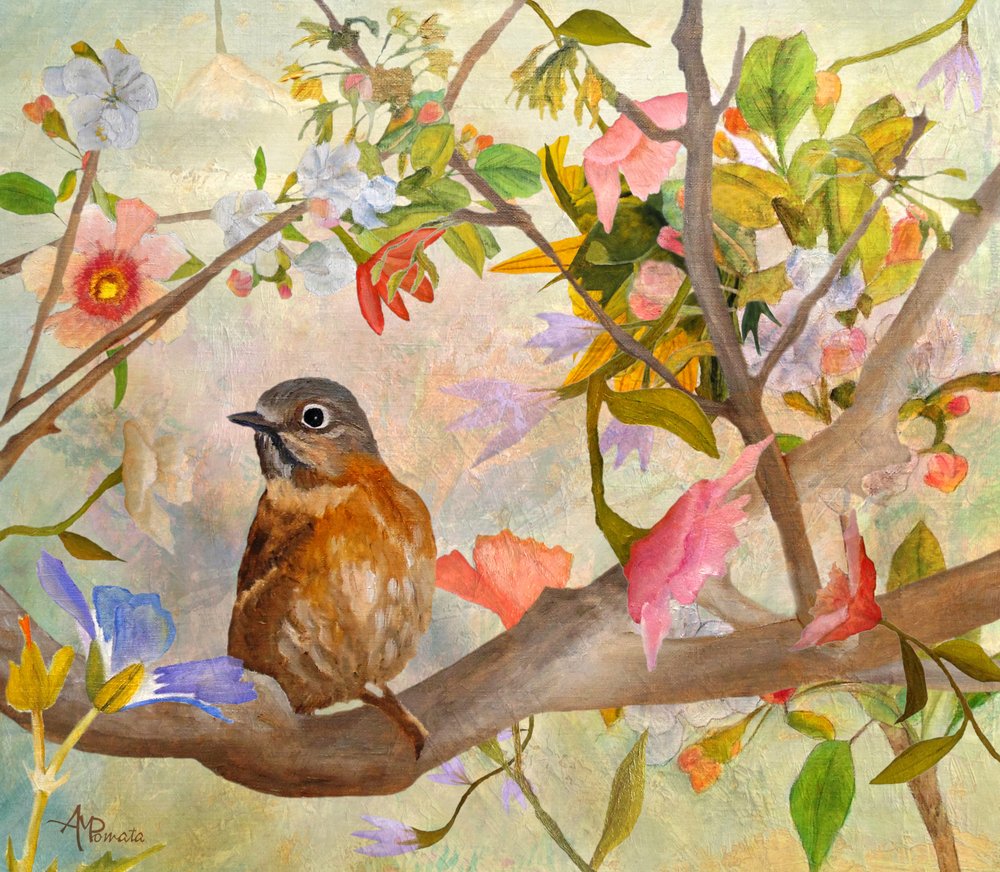 Charmanter Vogel in Blüte von Angeles M. Pomata