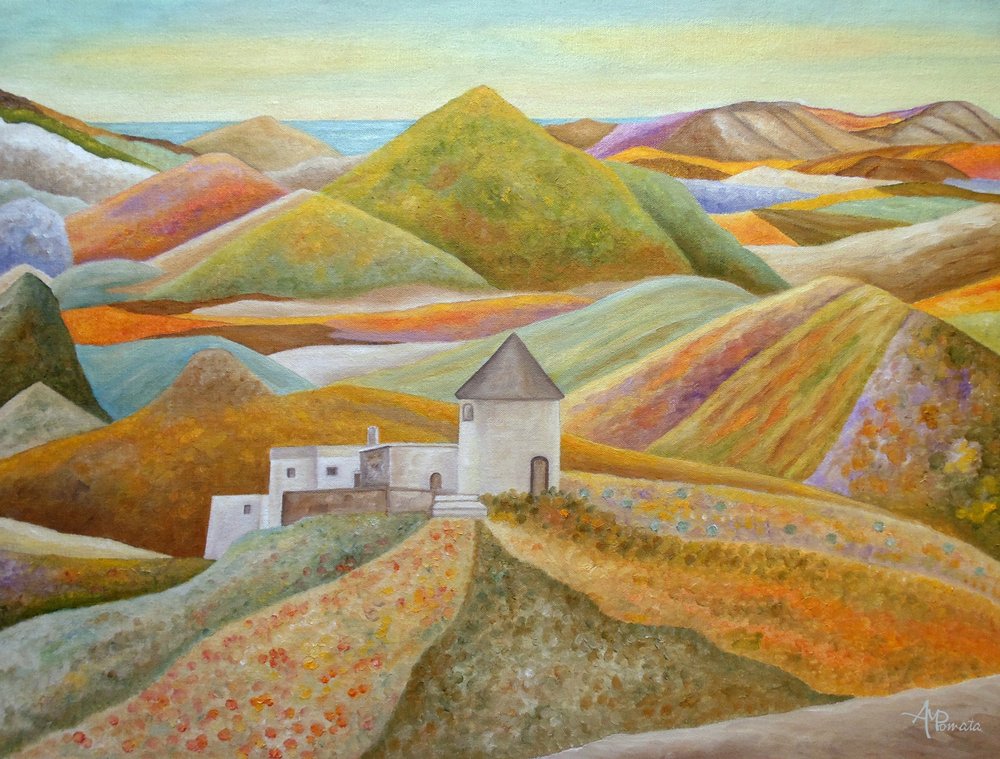 Farbenfrohe Mühle am Hang von Angeles M. Pomata