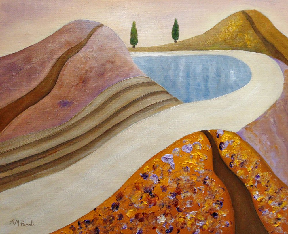 Friedliche Hügel und See von Angeles M. Pomata