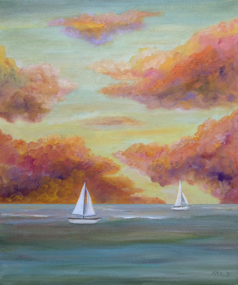Segelboot Sonnenuntergangshimmel von Angeles M. Pomata