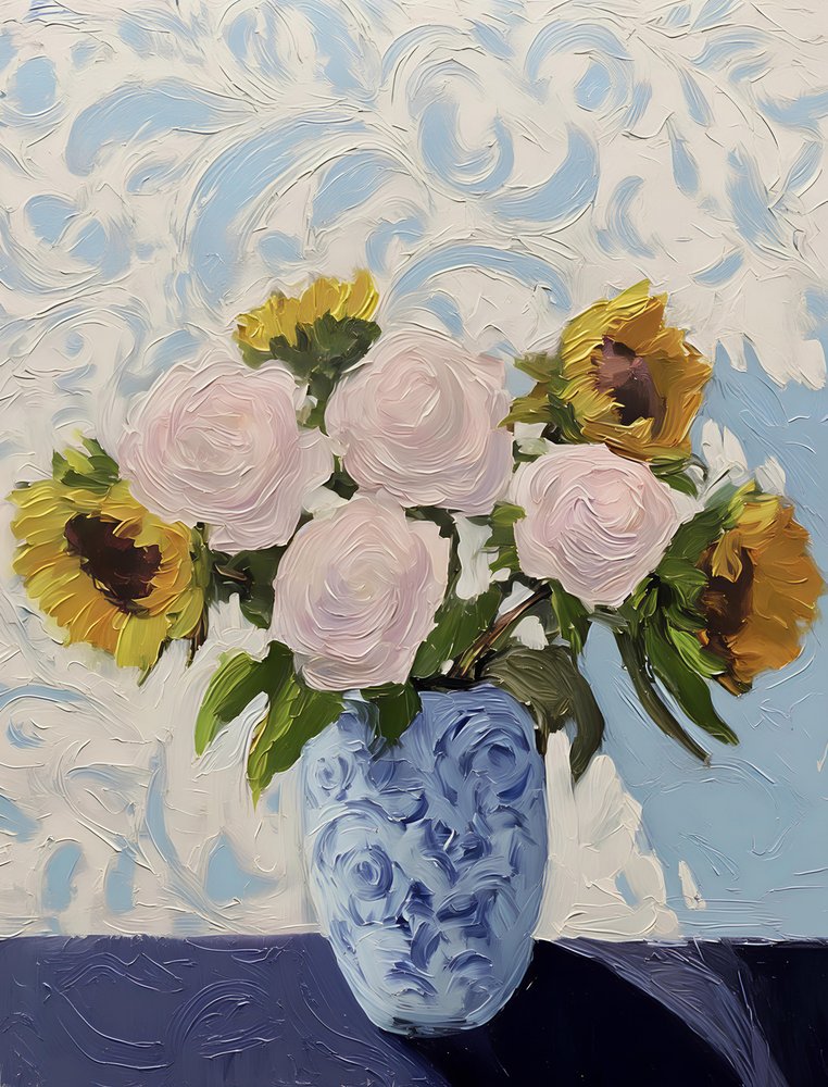 Rosen und Sonnenblumen in blauer Vase von Avanesova Elena