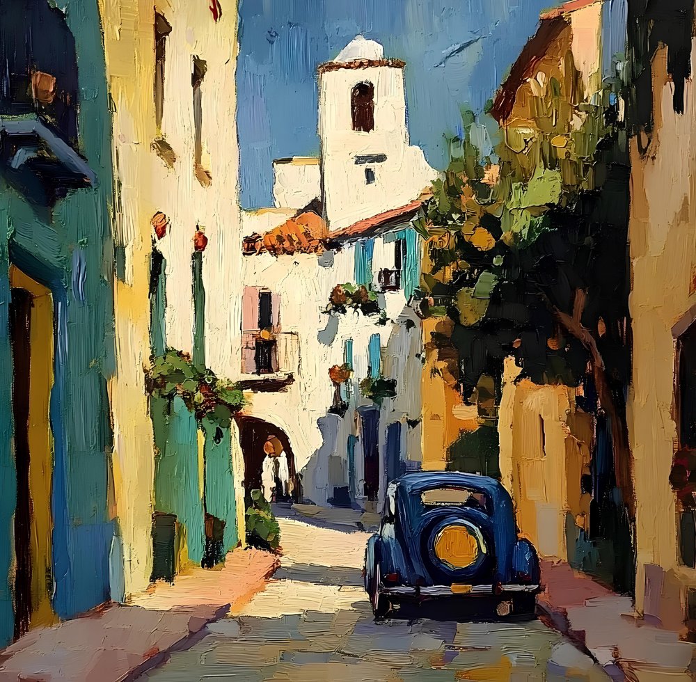 Sonniges Dorf Blauer Wagen von Avanesova Elena