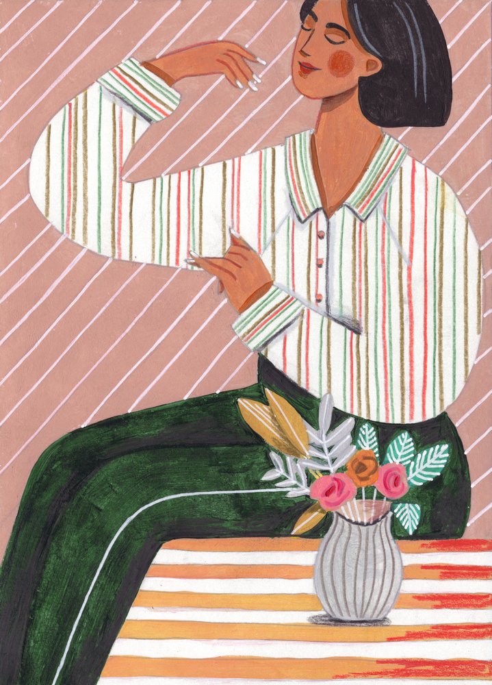 Frau im gestreiften Hemd und grünen Hosen von Caroline Bonne Müller