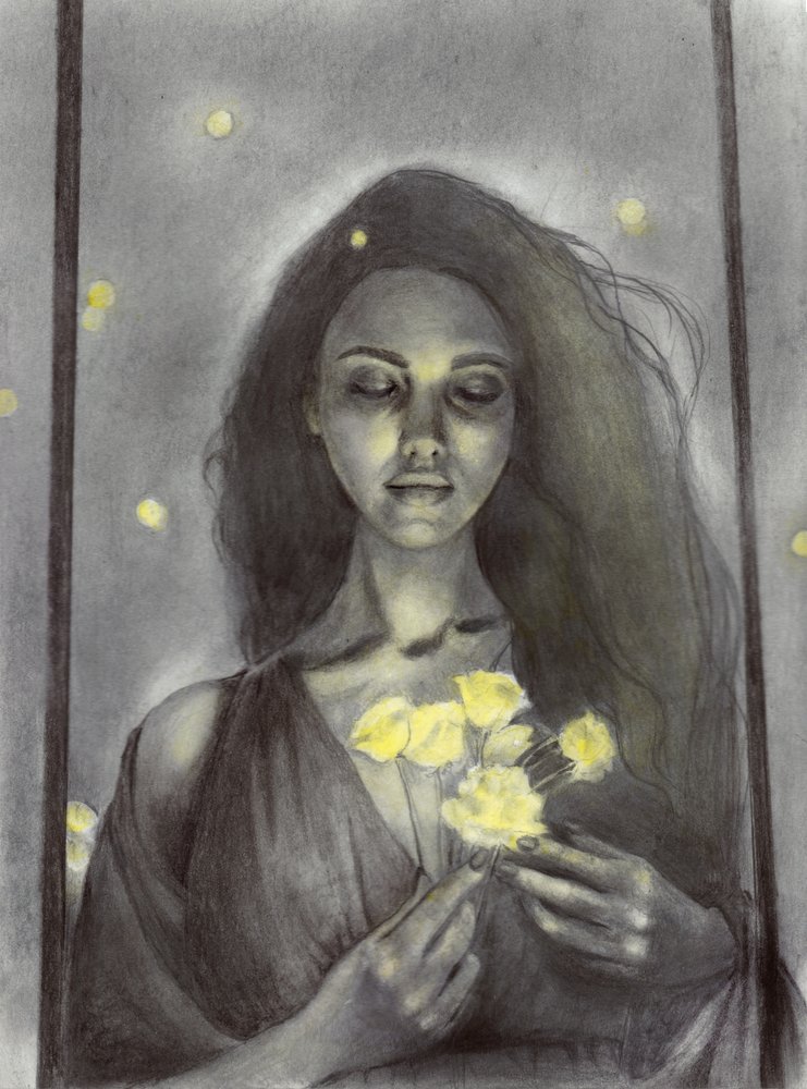Träumerische Frau mit leuchtenden Blumen von Christine Lindstrom