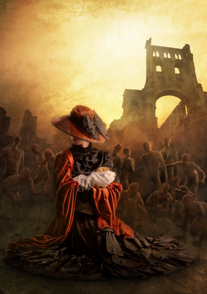 Mutter und Kind in Ruinen von Christophe Kiciak