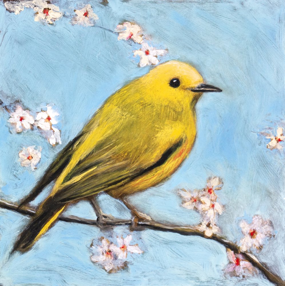 Gelber Vogel und Frühlingsblüten von Claire Lerner
