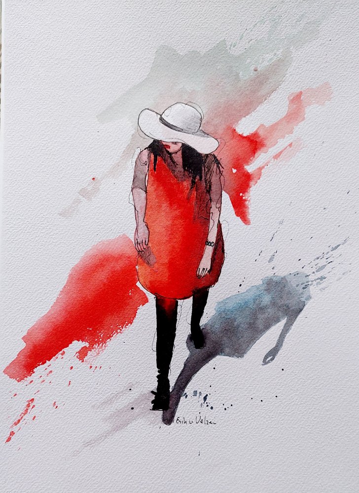 Rotes Kleid Aquarell von Erik Van Velzen