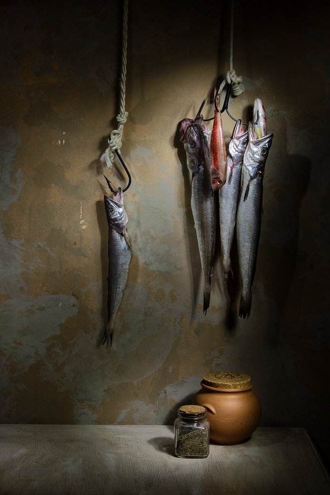 Rustikales Fisch-Stillleben von Felice Angelino