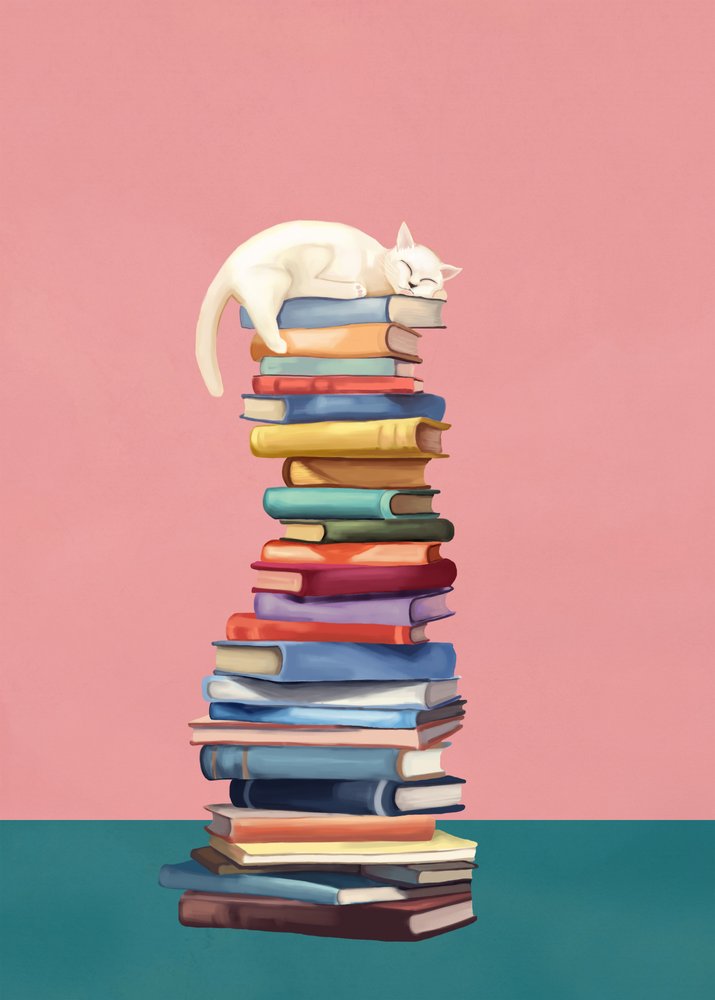 Gemütliche Katze auf bunten Büchern von Flow Line