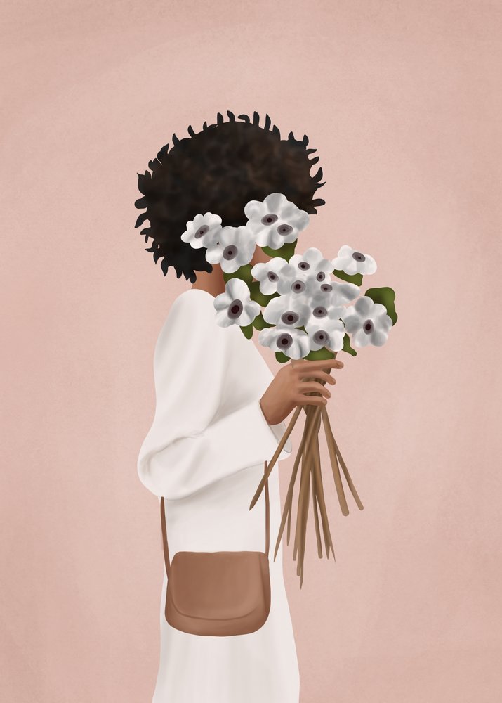 Frau mit weißem Blumenstrauß von Flow Line