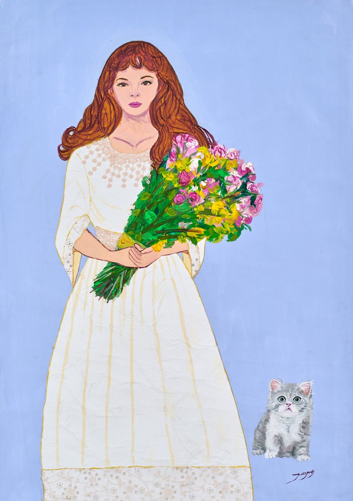 Mädchen mit Blumen und Kätzchen von Jukyong Park